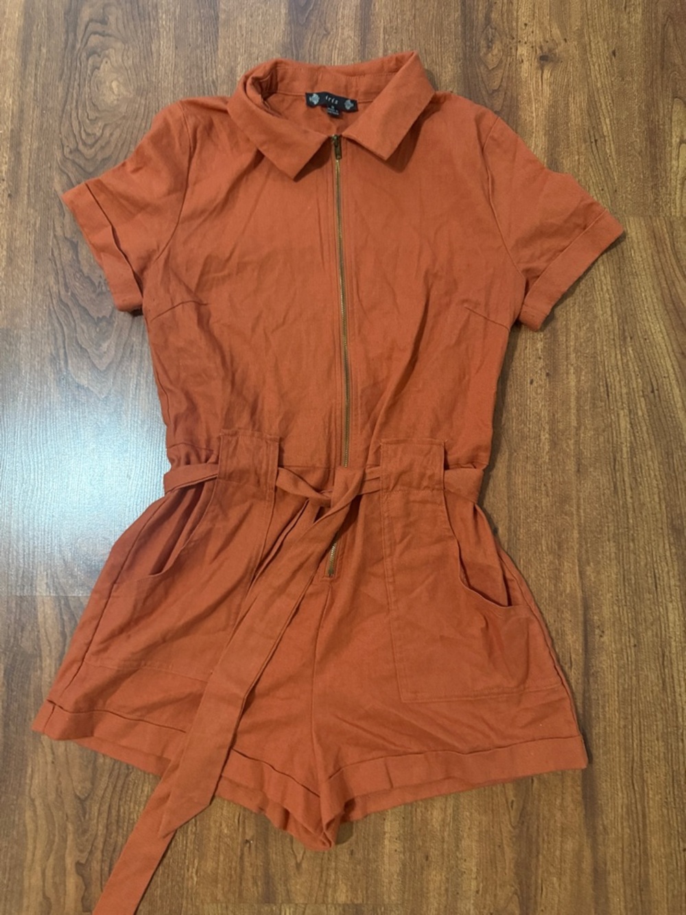 Rust Cotton Zip-Front Short Jumpsuit